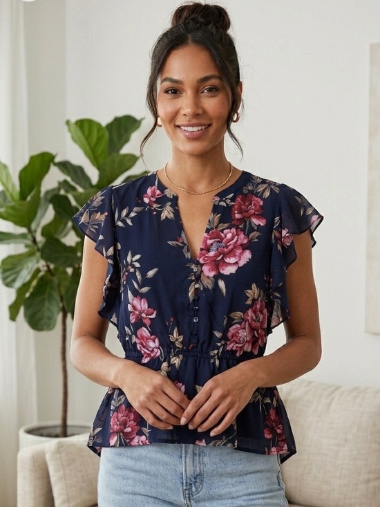Joie Tops - Joie Crisbell 100% Silk Floral Blouse Navy Pink Ruffle Sleeve Top L
